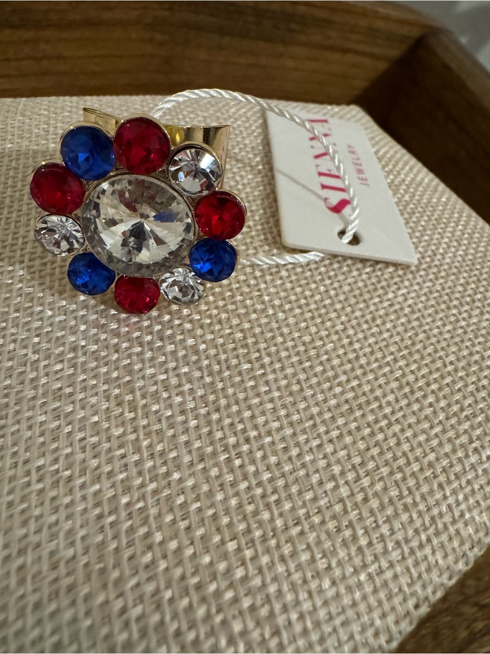 NWT Sienna by Tova Gold-Tone Peony Cocktail Ring with Red, Blue & Clear Stones